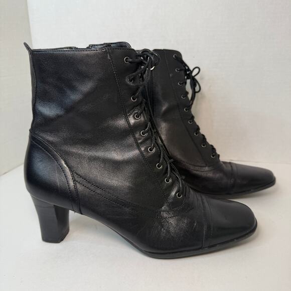 Etienne Aigner Leather Lace Up Heeled Ankle Boots Black Women's Size 7.5 - Picture 1 of 8